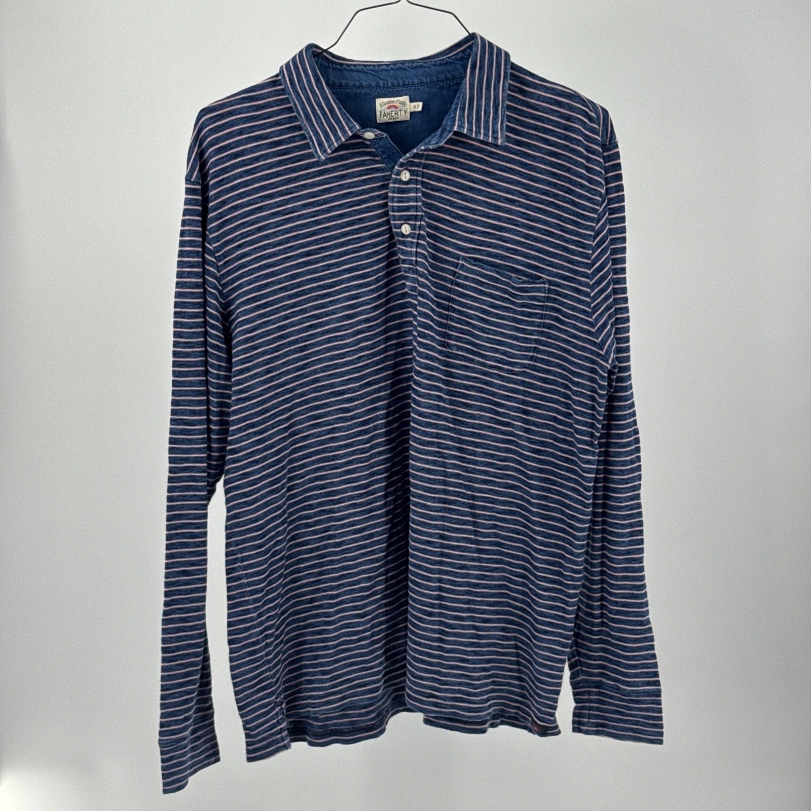 Faherty Xl Light Pink Stripe 100 % Cotton Long Sleeve Collared Polo Shirt Mens
